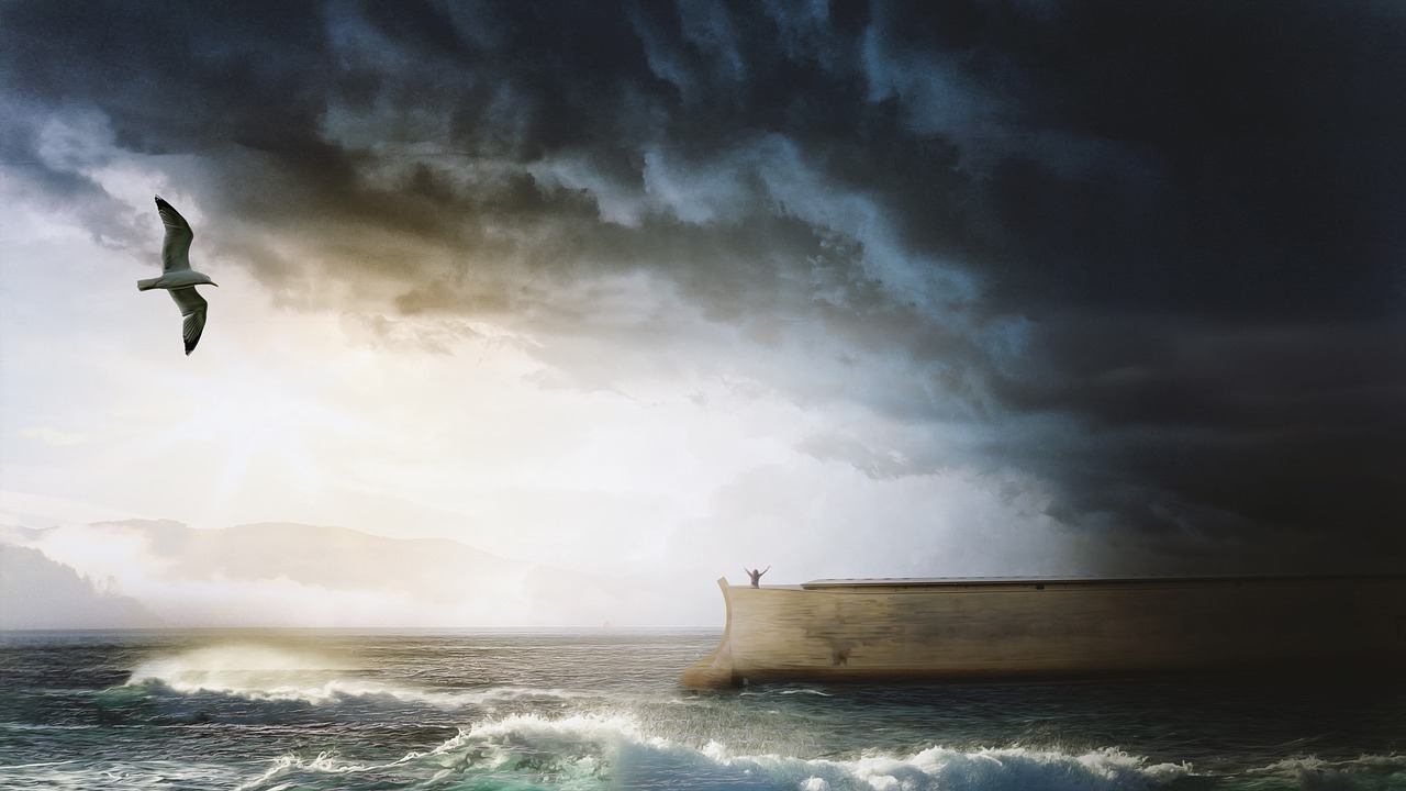 noah's ark, sea, seagull, nature, ship, ark, noah, biblical, waves, storm, clouds, man, mountains